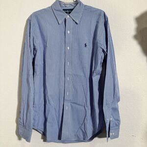 Y2K Ralph Lauren Classic Fit Striped Dress Shirt Long Sleeve Blue White Size 15